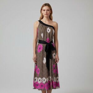 Julie Haus Pink Tan Black Stripe/Floral Silk One Shoulder Dress Size Small